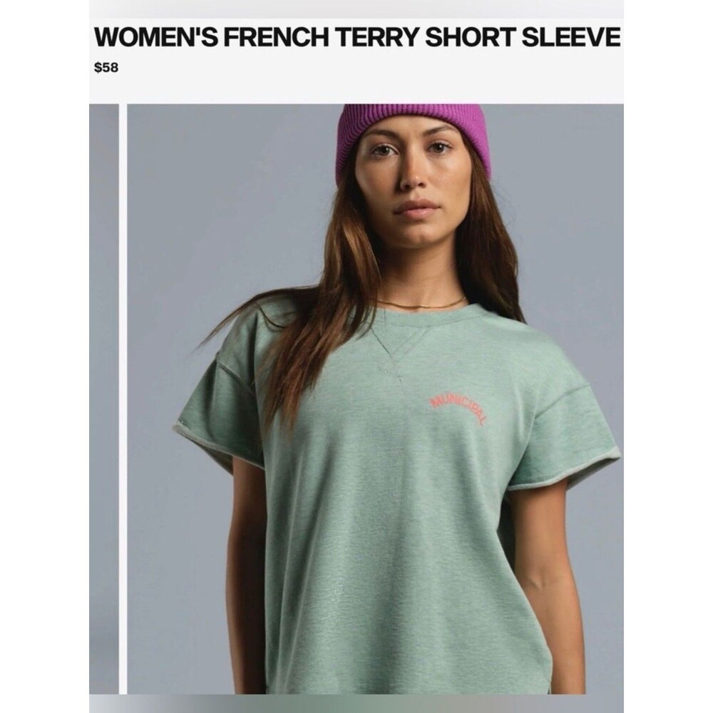Municipal French Terry Green Short Sleeve Top Size Womens Large Raw Trim Varsity
